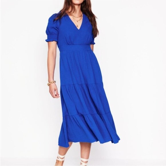 Boden Bright Blue Eve Double Cloth Midi Dress Tiered Bottom Size 14R - Picture 1 of 10